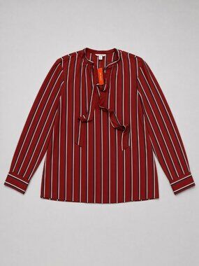 NWT Joe Fresh Red Striped Tie Neck Blouse Long Sleeve XS-XL